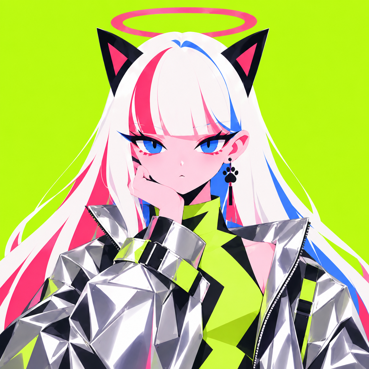 MUA in a silver technical jacket against an acid-lime backdrop.