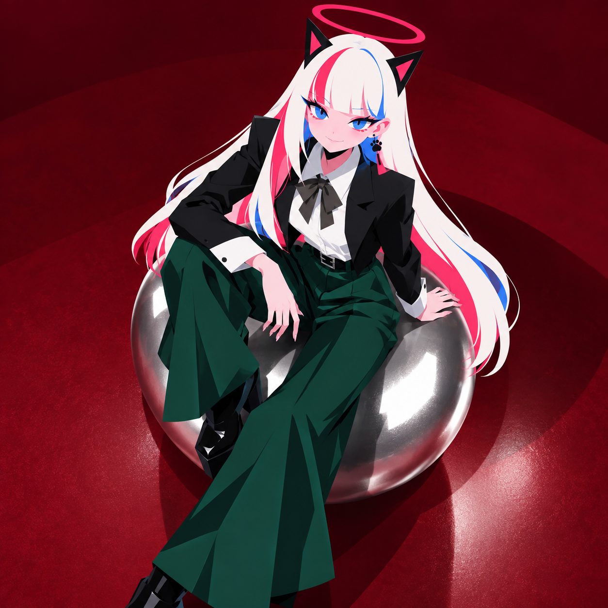 MUA in black tailoring and forest-green trousers, seated in a wine-red room.