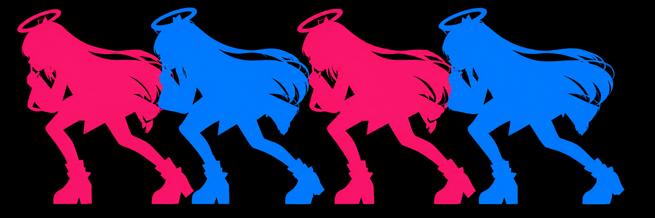 Four MUA silhouettes in alternating pink and blue.