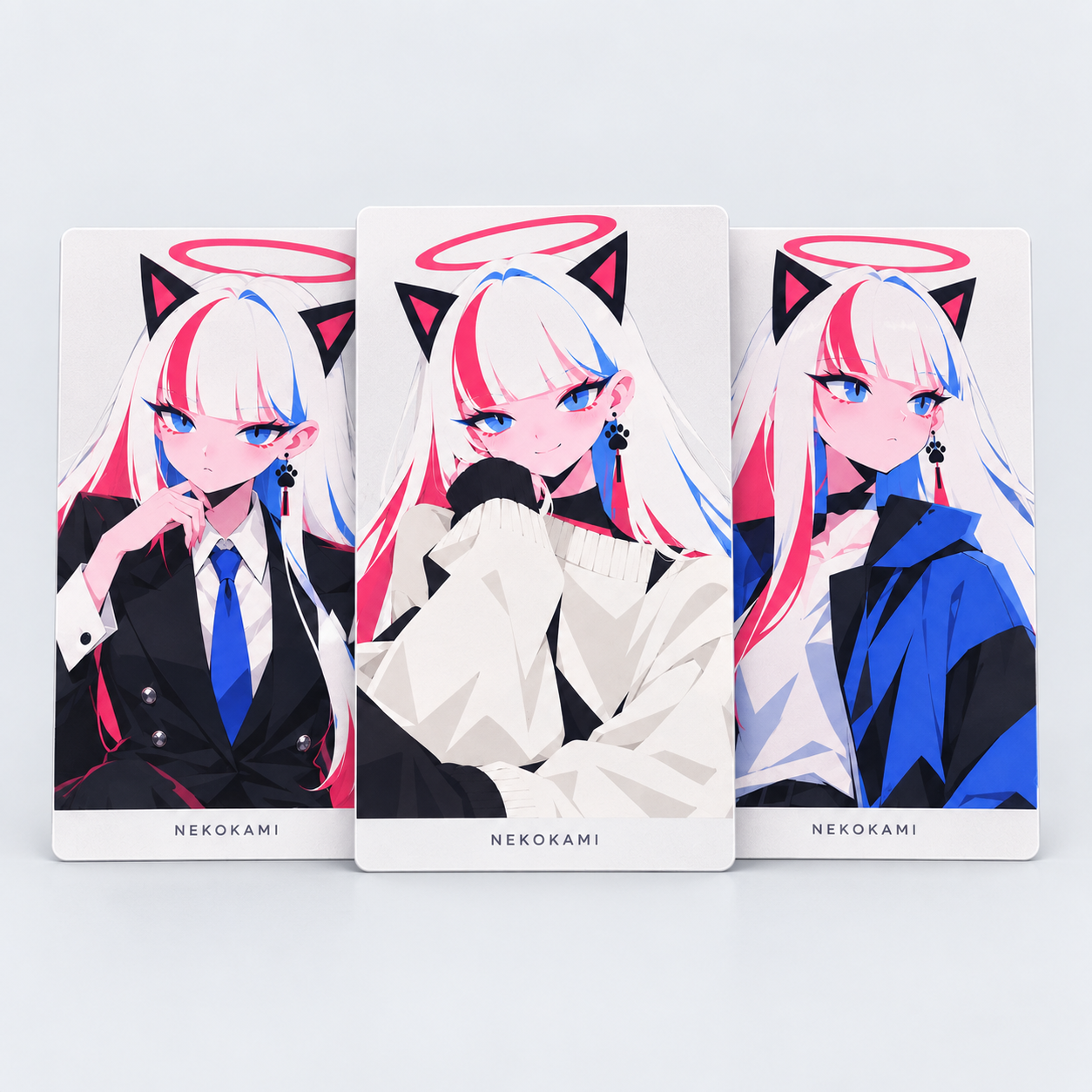 Three MUA photo cards featuring different outfits and expressions.