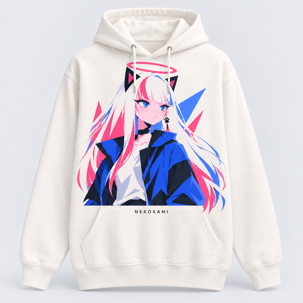 Ivory hoodie with a MUA blue-windbreaker portrait print.