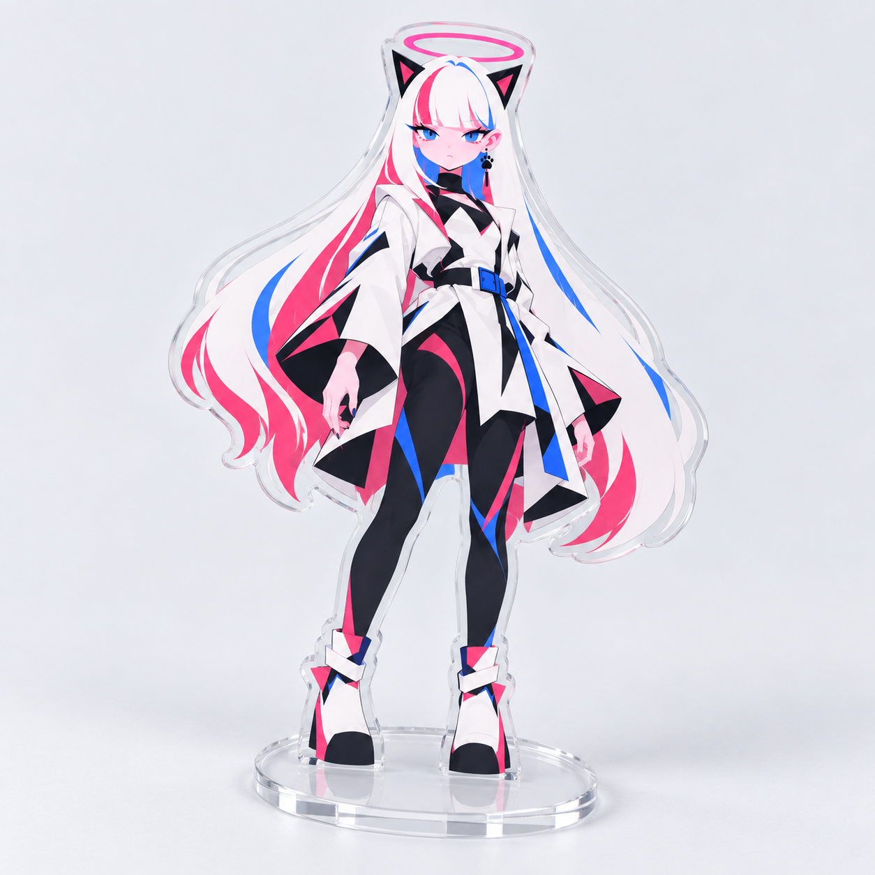 Clear acrylic stand of MUA in a white futuristic jacket and black trousers.