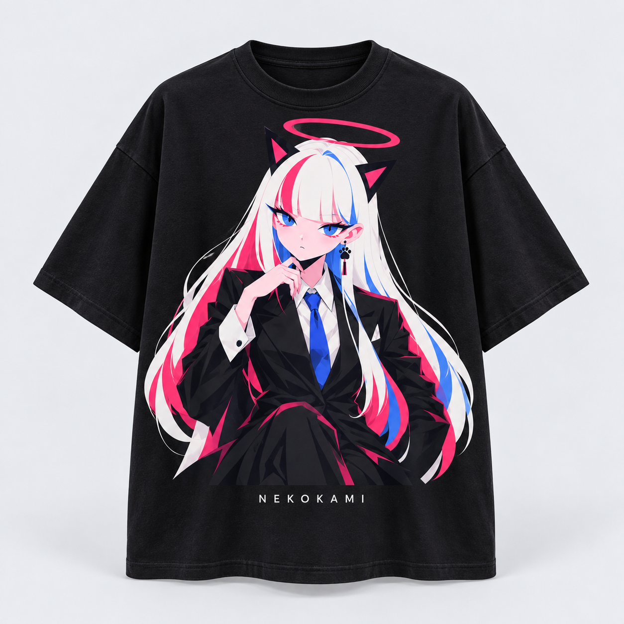 Black MUA T-shirt with a black-suit and blue-tie character print.
