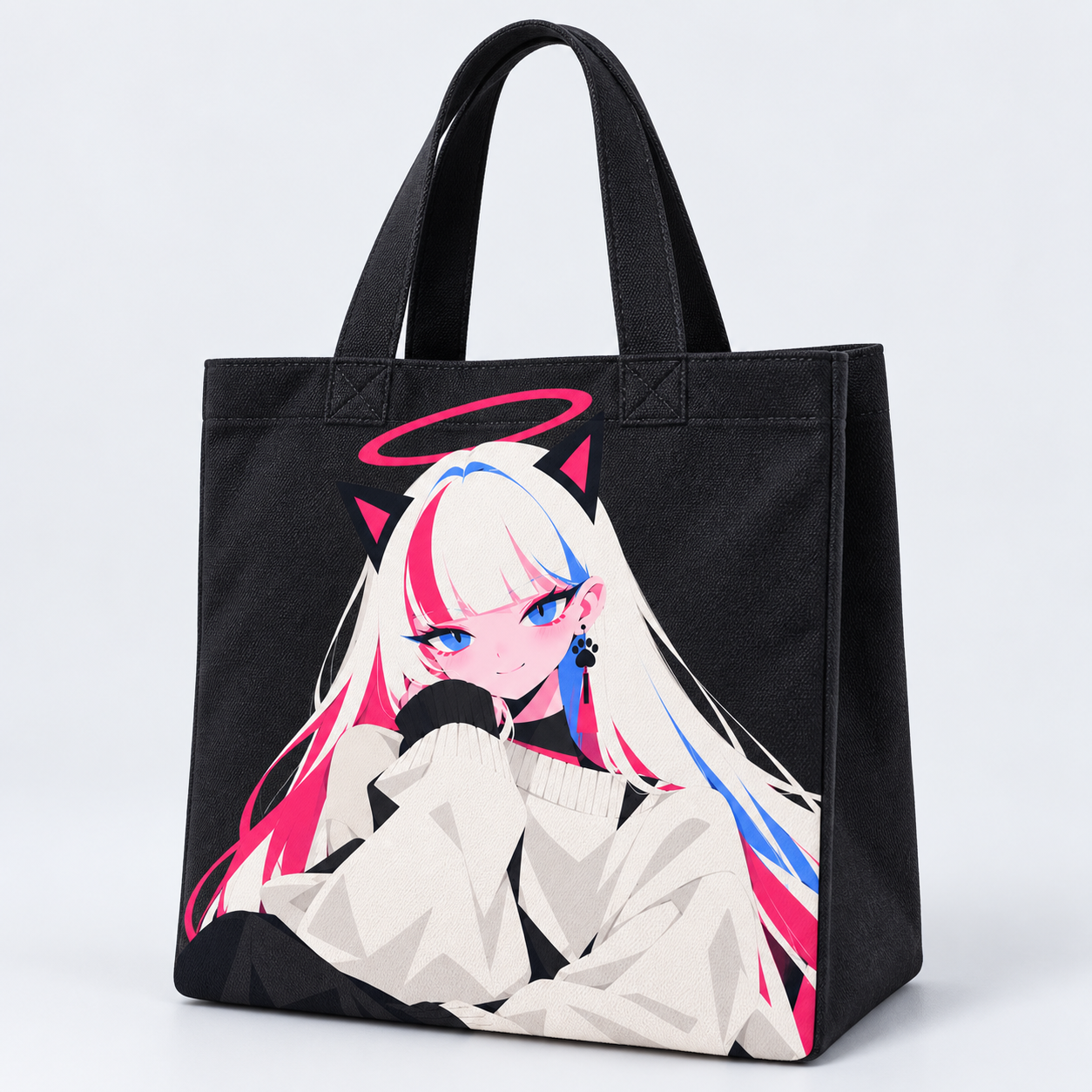 Black canvas tote with MUA in an ivory knit sweater.