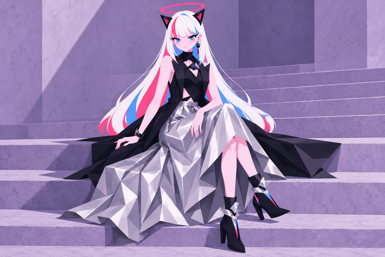 MUA in a black long coat and silver skirt, seated in a lavender sculpture garden.